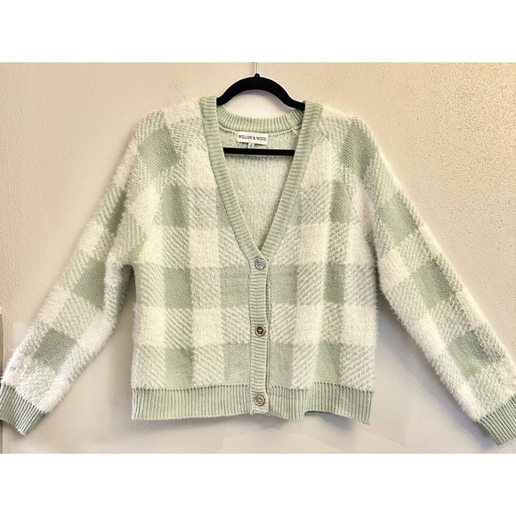Willow & Wind Sweaters - Willow and Wind Pale Green Plaid Cropped Eyelash Cardigan Sweater Sz M 90s